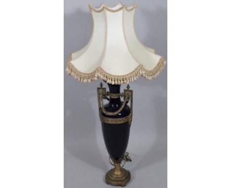 A modern Sevres style porcelain and ormolu finish table lamp urn, with compressed acanthus leaf top, the shouldered body flan