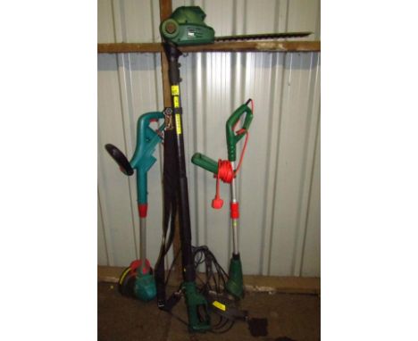 Various garden tools, a Coopers electric hedge lopper, 153cm high, Qualcast strimmer, etc. (a quantity)