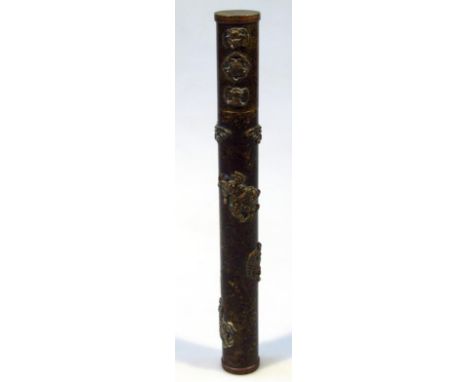 A Chinese bronzed cylindrical jar, possibly a chopstick holder, raised with various figures, four character mark beneath, 27c