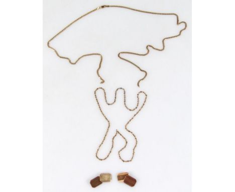 A pair of 9ct gold cuff links, of engine turned canted rectangular outline, 2cm high, 3g, and two various necklaces. (a quant