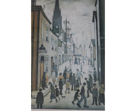 After Lowry. Crowded street scene, print, unsigned, 52cm x 39.5cm.