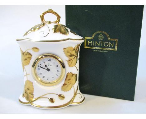 A Minton Victoria Strawberry pattern mantel clock, with circular Roman numeric dial, 18cm high. (boxed)