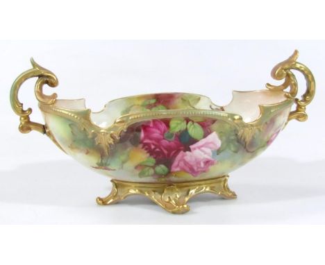 A Royal Worcester vase, decorated with summer flowers by R Austin, with gilt scroll handles on quadruple supports, no. 254, c