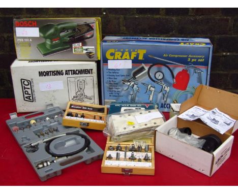 Various tools and attachments, Campion router, bit set, Bosch PSS115A sander with sandpaper, flexible cable drive, 22cm wide,