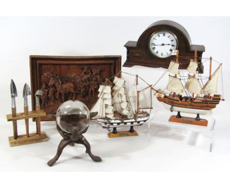 Various treen collectables etc, comprising a mantel clock in stained oak case with 8cm dia. dial, 16cm high, crystal ball on 