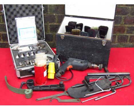 A Black & Decker 110 volt pistol driller, with 3/8" chuck, 28cm wide, (boxed), and a quantity of other tools, equipment, etc.