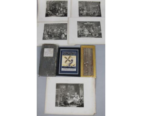 Hogarth and other engravings, 1 from a set of 12 circa 18thC an Austin A35 tool kit literature box, Salon Nautique print, etc