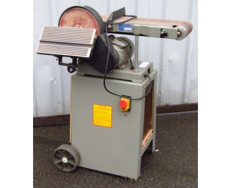 A freestanding electric belt sander, on grey stand, 91cm high.
