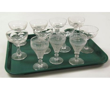 Various drinking glasses, to include Martini glasses and three 19thC etched wine glasses with bell shaped bowls, partially de