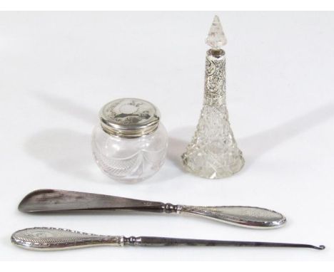 Various silver and glass, comprising an Edwardian powder jar, the hobnail cut circular body with silver lid, repousse decorat