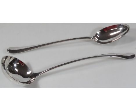 An early 20thC silver plated ladle, and similar serving spoon, each rattail, Old English pattern, 35cm wide, etc. (2)