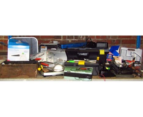 A quantity of various tools, tool boxes, bits, Halfords car cover, angle grinder, performance power angle grinder, metal tool