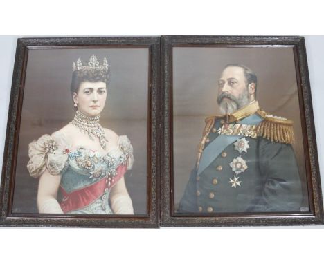 A coloured photgravure print of King Edward VII and Queen Alexandra, each sat quarter profile, in colours, Pears style, but u