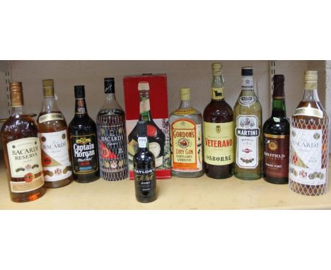 Various alcohol, to include Gordons Dry Gin, with early label, 47.3vol, l litre, Bacardi Superior, 42% vol, others to include