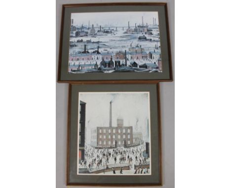 After Lowry. Figures before factory, print, 47cm x 41cm, unsigned and another. (2)