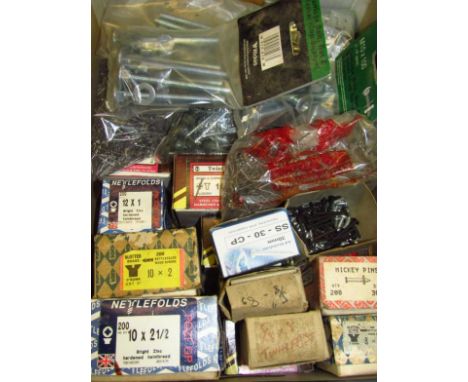 Various tool bits, nails, Mickey pins, bolts, nuts, washers, various sizes, pin nails, 3cm long, Wickes carriage bolts, vario