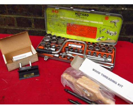 Various tools, to include a wood threading kit, 28cm wide, a Dayler hand mount cutter and a Metabo socket set. (3, each boxed