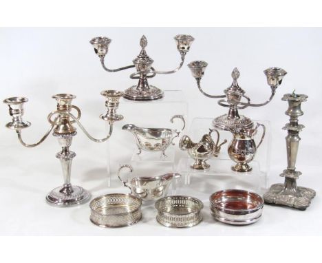 Various silver plate, to include a pair of two branch candelabrum, 17cm high, three branch candelabrum, various silver plated