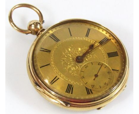 An 18ct gold gentleman's open faced pocket watch, the 5cm dia. gilt metal fancy back plate with Roman numerals and subsidiary