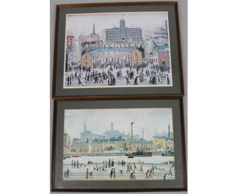 After Lowry. Manchester street scene with canal, print, unsigned, 37cm x 61cm, another and a further print. (2)