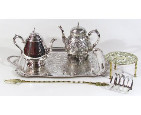 Various silver plate, to include serving tray, 57cm wide, a silver toast rack, brass trivet, toasting fork, etc. (a quantity)