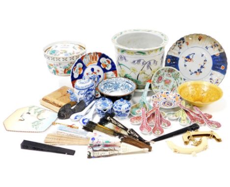 A selection of Oriental ceramics, including modern Chinese jardiniere and stand, 19thC Japanese Imari wares, various fans and