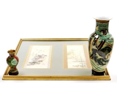 A pair of early 20thC framed Japanese watercolours, each painted with flowers within gilt and brocade borders, in single fram