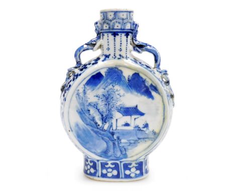 A 19thC Chinese blue and white porcelain moon flask, with dragon handles, the front and reverse decorated with figures and bu