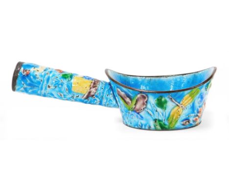 A Chinese blue enamel ladle, the body and handle decorated with images of butterflies, dragonflies and flowers, stamped China
