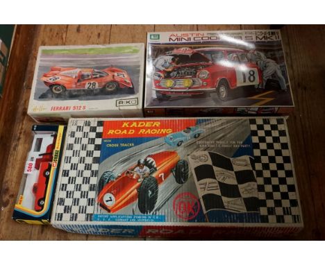 A vintage Kader 'Road Racing' slot car set, boxed; together with a Corgi 415 Mazda Camper, boxed; and two other part-complete