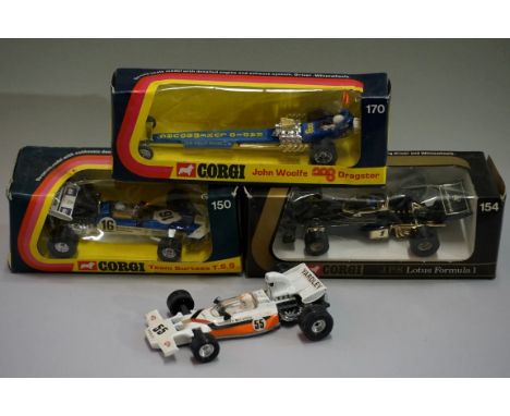 Four Corgi diecast racing cars, comprising: 170 'John Woolfe Dragster', boxed; 154 'JPS Lotus Formula 1', boxed; 150 'Team Su