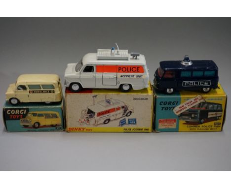Three diecast 'Emergency Services' vehicles, comprising: Dinky 287 'Police Accident Unit'; Corgi 464 'Commer Police Van, with
