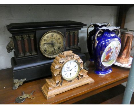 Victorian mantle clock in black painted case, carved wood clock, pair of picture panel vases, transistor radio etc 