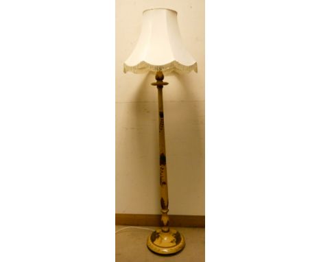A Chinese style cream and floral lacquered standard lamp with cream shade 