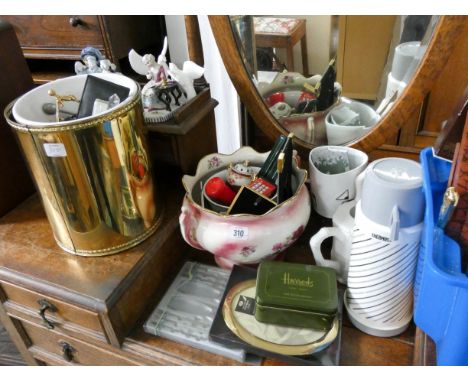 Ornamental items, jardinere, thermos flask, assorted boxes of items and other sundries