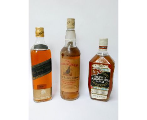 Three bottles of whisky - Stewart's Cream of the barley, Johnnie Walker old Scotch whisky and The Famous Grouse