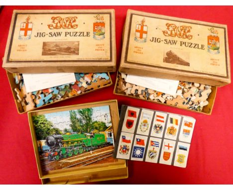 Three old wooden jigsaw puzzles by Chad Valley and Hayter together with a small booklet of cigarette cards 