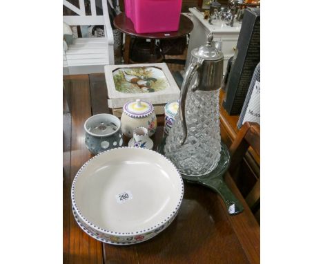 A claret jug, duck decorated plates, Poole Pottery pieces etc 