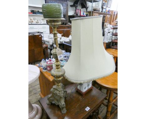 A brass table lamp and a china decorated table lamp with shade 