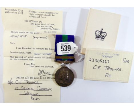 An Army General Service Medal with the bar Cyprus awarded to Sapper C E Trounce of the Royal Engineers together with the orig
