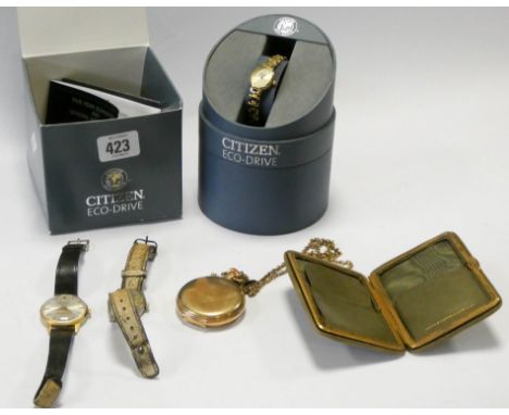 A ladies Citizen wrist watch, two old vintage wristwatches, a gold plated pocket watch and a card or cigarette case 