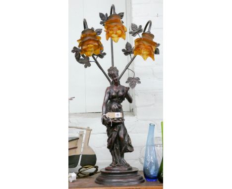 A Victorian style figure decorated table lamp with floral shaped amber glass shades, approx 32" tall 