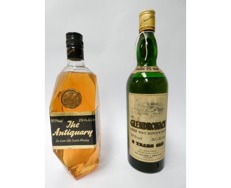 A bottle of 8 year old 70% proof 26 2/3fl ozs Teacher's Glendronach Single Malt Whisky and a bottle of The Antiquary deluxe o