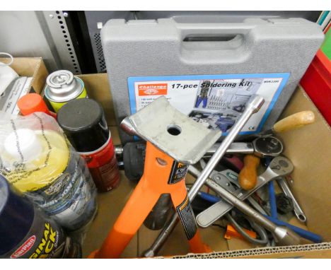 A 17 piece soldering kit and a quantity of tools, spray cans etc 