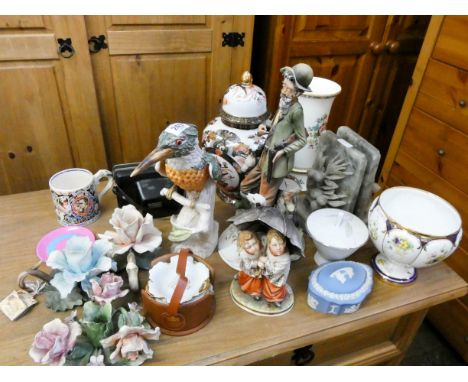 Capo de Monte figures, a Goebel bird, bookends, ginger jar, camera and other china 