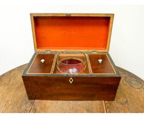 A Victorian mahogany line inlaid fitted tea caddy 