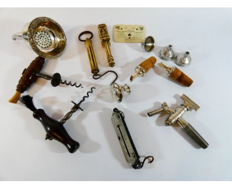 Collectables to include silver plated wine funnel, letter balance scales, nutcrackers, Victorian corkscrews etc 