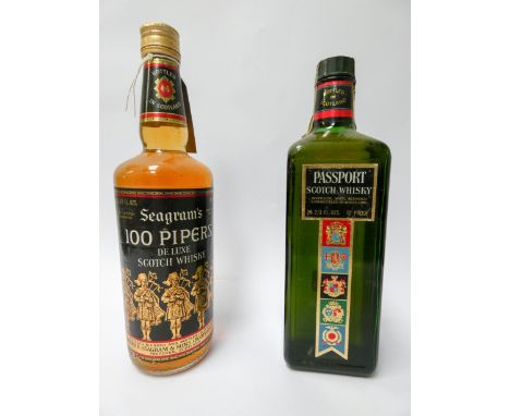 One bottle of Passport Scotch whisky, 26 2/3 fl oz and a bottle of Seagram's 100 pipers Scotch whisky