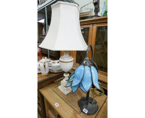 An onyx table lamp with cream shade and a two branch tulip shaped Tiffany style table lamp 