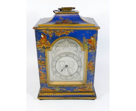 Early 20th century blue Chinoiserie mantel clock with key 